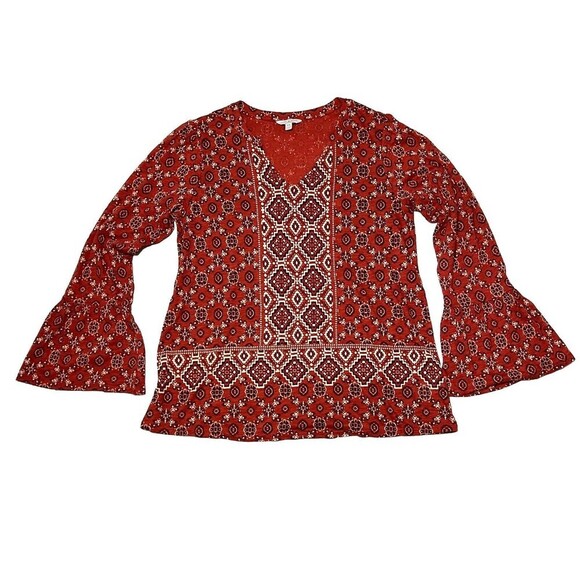 Lucky Brand Boho Bell Sleeve Top Rust Geometric Pattern V-neck Blouse Women Med - Picture 3 of 9
